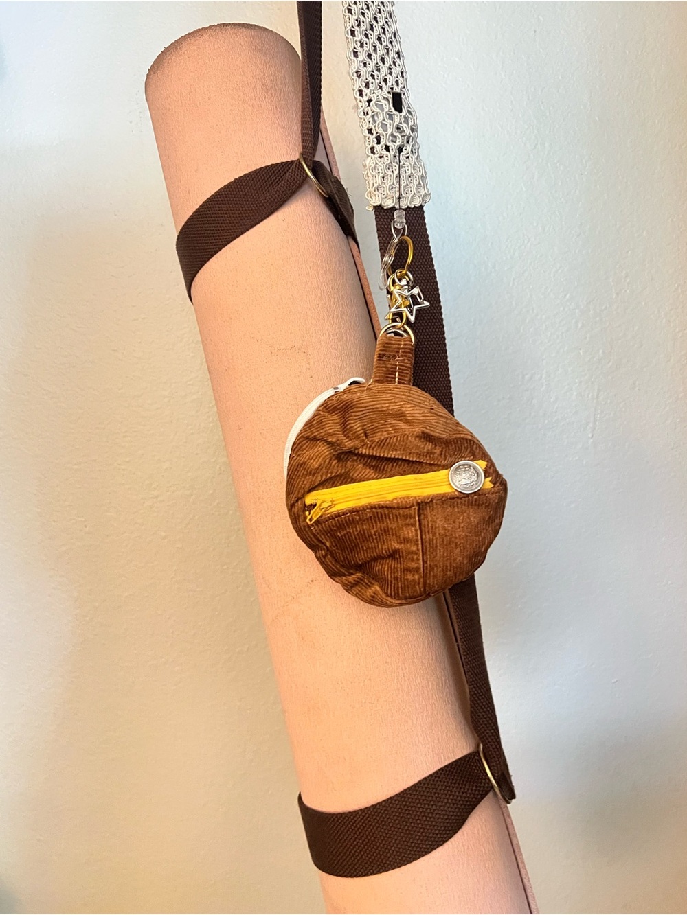 Brown yoga mat strap leash with Brown Corduroy Round Key Pouch with Yellow Zip